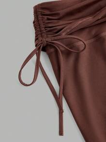 Mulvari Ladies' Knitted Drawstring Long Yoga Leggings, Daily Workout Style - Chocolate Brown - View 4