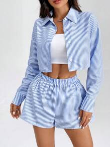SHEIN PETITE 女士长袖条纹衬衫和短裤两件套 - 藍白色 - 查看 1