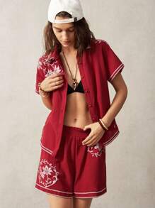 Bohemela 女士假期刺繡裝飾鬆身紅色2件套裝，夏季 - 紅色 - 查看 3
