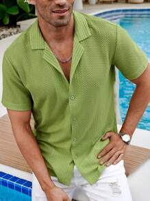 Manfinity Homme Camisa de manga corta transpirable con botones y textura sólida para hombre en verano - Verde - Ver 4