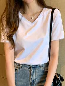 女士休闲纯色 V 领短袖 T 恤，夏季