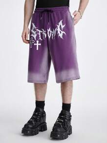 ROMWE MEN Street Life 男裝字母和十字印花束腰寬鬆休閒短褲 - 紫色 - 查看 4