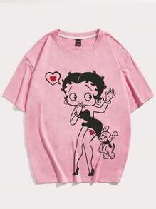 ROMWE MEN Betty Boop | ROMWE 男士夏季短袖T恤，带图案，圆领，学校 - 淺粉色 - 查看 1