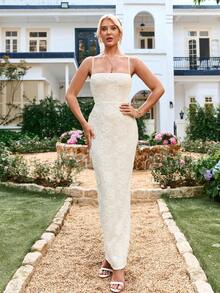 Backless Split Stereo Flower Embroidery Bodycon Cami Elegant Formal Evening Gowns - Apricot - View 6