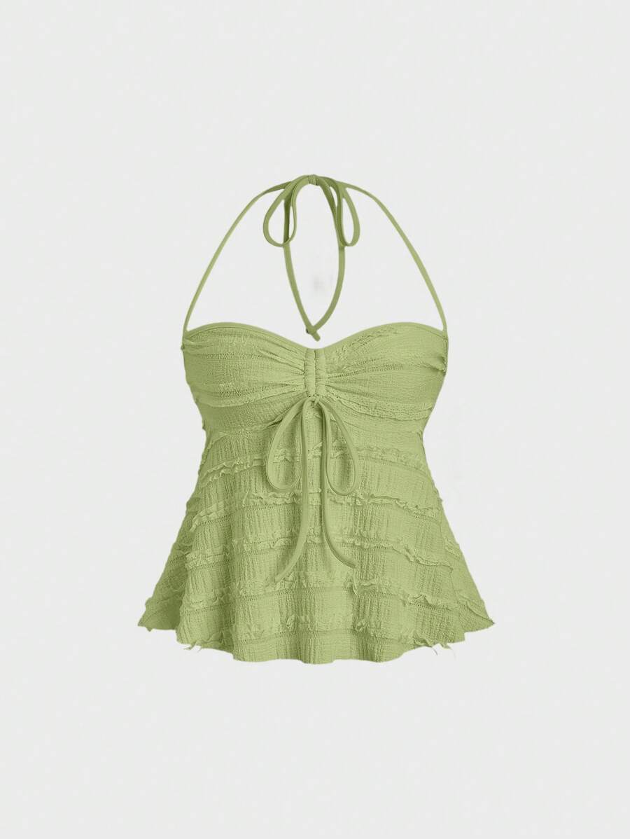 Sweetra Drawstring Front Halter Top For Summer Y2K Outfit  - Green - View 1