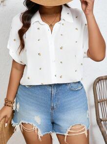 SHEIN Frenchy Vải Crape thêu tinh xảo cỡ lớn, Áo sơ mi họa tiết màu trắng, Quần áo mùa thu, Thoải mái, Boho, Thời trang, Giáo viên thanh lịch, Quần áo trở lại trường - trắng - Xem 4