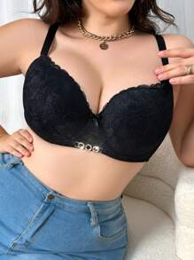 Sexy Lace Bra For Large Bust With Push-Up And Side Support, Underwire Design, 1pc - Black - View 3