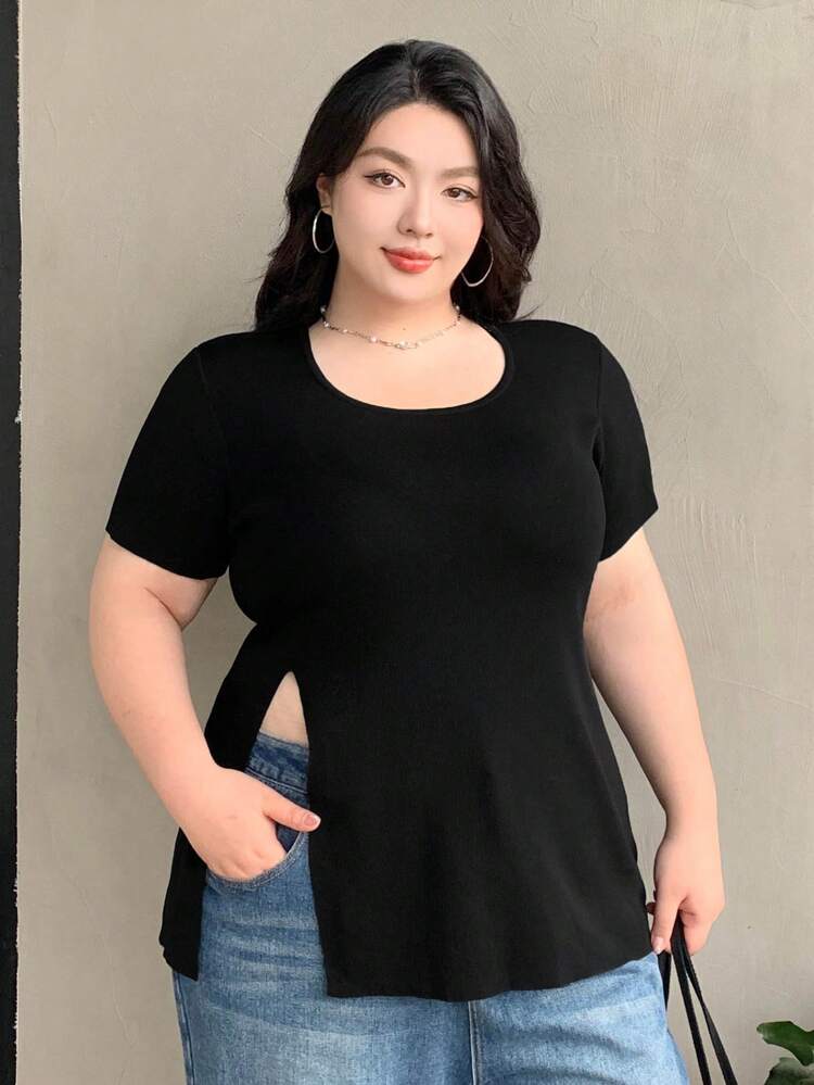 Dazy Plus Plus Size Solid Color Square Neckline Side Slit Joint Short Sleeve Knit Top