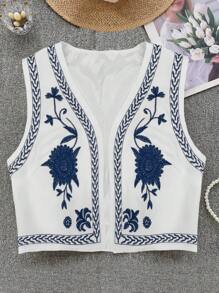 Breezaya 女款花卉刺繡背心外套，適用於假日和休閒時尚 - 白色 - 查看 3