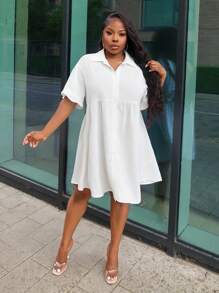 Slaydiva Vestido babydoll blanco festivo con botones delanteros y borde de volantes - E - Blanco - Ver 3