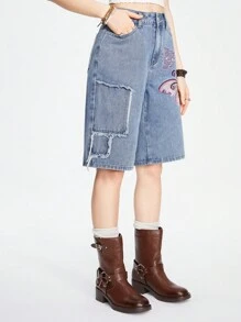 ROMWE Fairycore Women's Summer Casual Butterfly Embroidered Denim Shorts - Blue - View 4