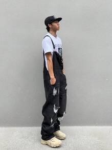 Manfinity Hypemode Overoles vaqueros con diseño rasgado, de moda y tendencia, de uso informal y para raperos, con presillas para cinturón, para salir