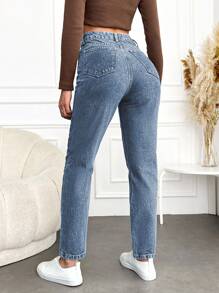 EURMUSE High Waisted Tapered Leg Jeans - Medium Wash - View 2