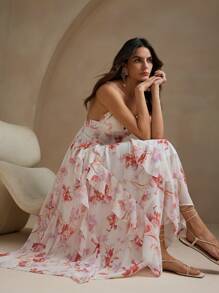 Anewsta Floral Print Sexy Backless Spaghetti Strap Dress With Ruffle Trim - White - View 2