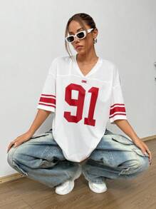 StreetHx Women's Summer Loose Fit V-Neck Digital Printed T-Shirt With Drop Shoulder And Mesh Panel Graphic Tees Women Tops - White - View 3