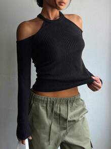DAZY Cold Shoulder Ribbed Knit Tee Y2k Long Sleeve Women Tops - Black - View 1