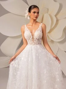 Bohemian Contrast Color Heavy Lace Sequin Zipper Backless Luxury Elegant Wedding Dresses For Outdoor Lawn Weddings White Bridal Dress - White - View 8