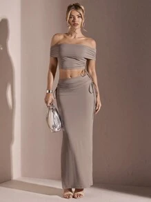 SHEIN BAE 女士純色露肩束腰荷葉邊短上衣和裙子套裝 - 灰色 - 查看 4