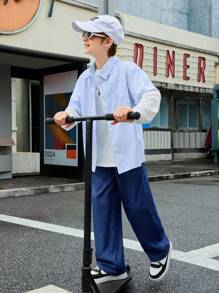 SHEIN Tween Boys Plaid Print Shirt & Solid Sweatshirt & Pants For Spring & Autumn