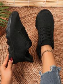 秋冬女士户外运动鞋，带花卉蕾丝装饰、前系带和防滑鞋底 - 黑色 - 查看 4