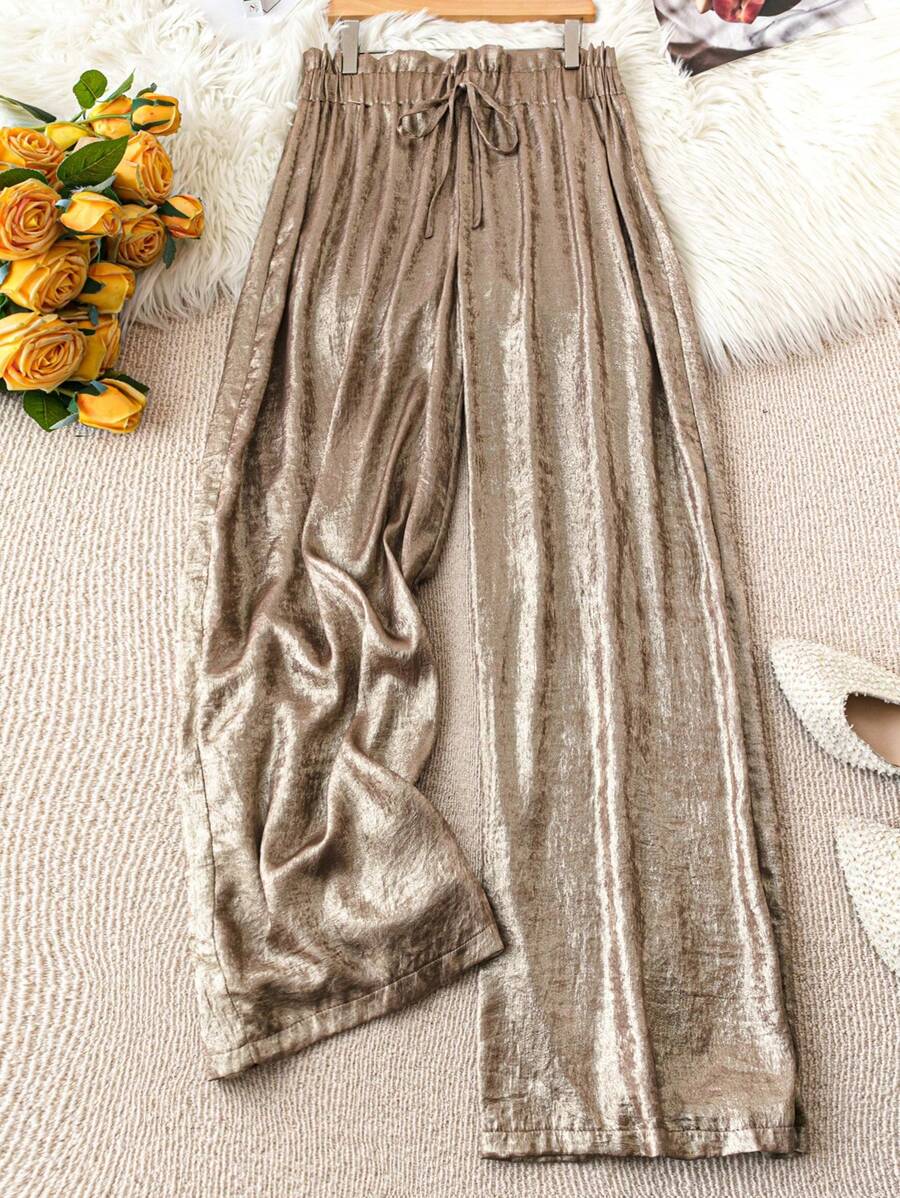 DreamSkyne 大码女式纯色简约日常穿搭抽绳裤，适合新年节日聚会服装 - 金色 - 查看 1