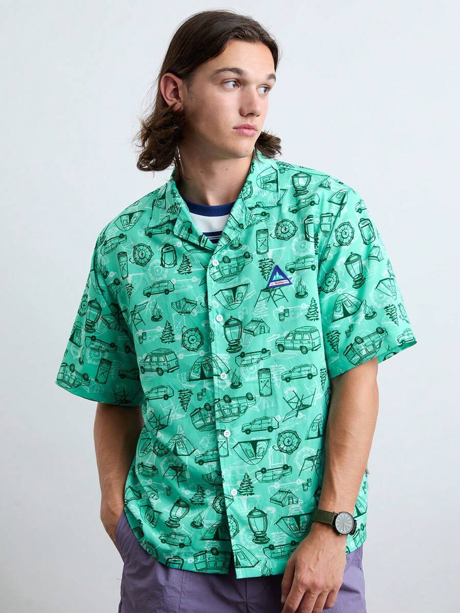 Manfinity VCAY Męska, tkana, modna, codzienna, młodzieżowa, luźna koszula z krótkim rękawem i nadrukiem - Miętowy Zielony - Zobacz 1