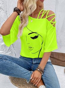 EMERY ROSE 女式夏季抽象脸部印花不对称领休闲 T 恤图案 T 恤女式上衣 - 綠色 - 查看 4