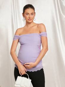 MaterniChic Maternity Off-Shoulder Fitted T-Shirt For Baby Shower Party, Summer - Purple - View 8
