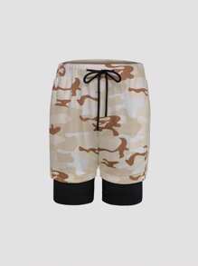 Men Camo Print Drawstring Waist 2 In 1 Shorts With Phone Pocket - Black - View 3
