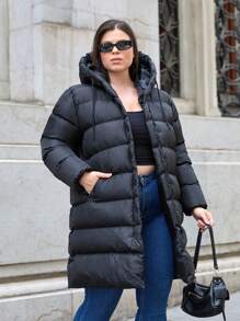 RueChic Plus Solid Button Up Hooded Puffer Coat
