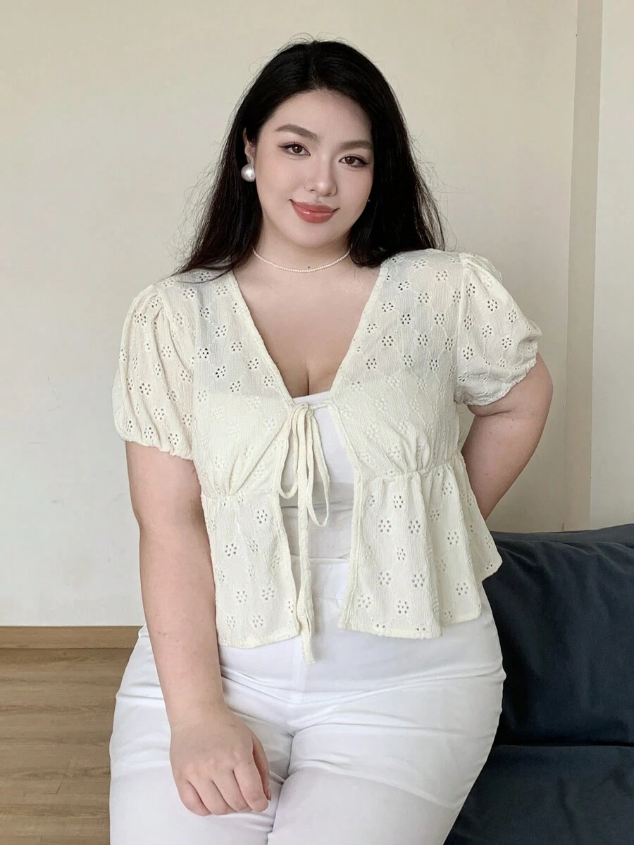 Dazy Plus Plus Size Lace-Up V-Neck Button-Front Short Sleeve Elegant T-Shirt Summer,Ruffle - Apricot - View 1