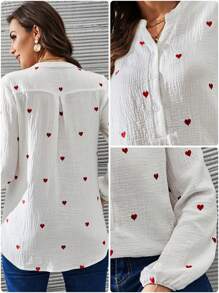 EURMUSE Notched Heart Print Lantern Sleeve Blouse - White - View 7