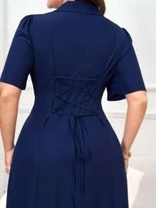 Modelyn 大码女式翻领前扣休闲衬衫裙长款女式长款晚礼服 - 藏蓝色 - 查看 4