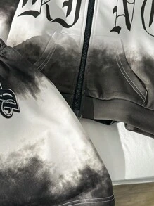 SHEIN Modischer Batikdruck im Streetstyle für Kleine Jungen kombiniert mit Buchstabenmuster, Set aus Kapuzensweatshirt, Jacke und Shorts, sowohl sportlich als auch modisch bequem, kann auch mit anderen Artikeln für einen coolen und vielseitigen Look kombiniert werden. Perfekt für Ausflüge und Shopping im Frühling und Herbst. - Schwarz und Weiss - Übersicht 5