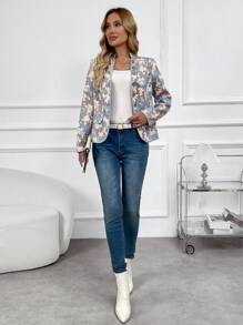 EMERY ROSE جاكيت نسائي بأكمام طويلة وربطة عنق بشق مزين بطبعات الزهور لربيع وخريف أنيق - متعدد الألوان - مشاهدة 4