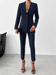 EURMUSE Ladies' Solid Color Suit With Lapel Collar Jacket And Pants - Navy Blue - View 5
