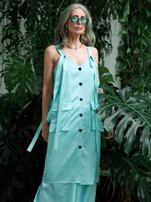 SHEIN LUNE Button Front Flap Pocket Cami Dress - Mint Green - View 4