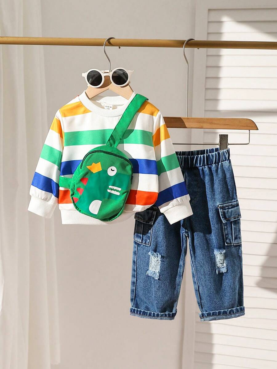 3pcs/Set Baby Boys' Striped Top + Jeans + Bag Outfit Set - Multicolor - View 1