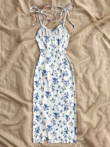 Soleia 女士度假蓝白印花紧身连衣裙，肩带高开衩