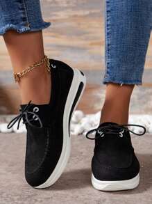 Zapatos mocasines anchos de mujer de gamuza, zapatos de plataforma ancha, mocasines tipo penny, zapatos slip-on para trabajo, zapatos casuales cómodos para caminar, tenis para mujer - Negro - Ver 3