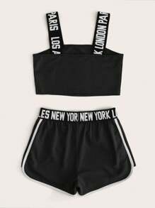SHEIN Tween Girl Letter Strap Crop Top And Dolphin Shorts Set - Black - View 2