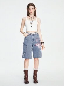 ROMWE Fairycore Women's Summer Casual Butterfly Embroidered Denim Shorts - Blue - View 7