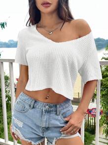 SHEIN EZwear Áo crop top dệt kim màu hồng nóng bỏng cho mùa hè - trắng - Xem 4