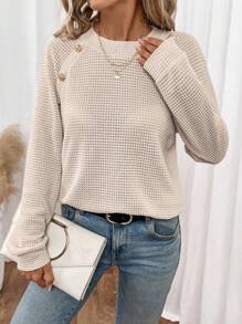 SHEIN Frenchy 纽扣细节插肩袖运动衫，适合日常穿着，秋季女式 T 恤，热门服装，女式肌肉背心套装，老款风格，通勤，秋季运动衫 - 杏色 - 查看 5