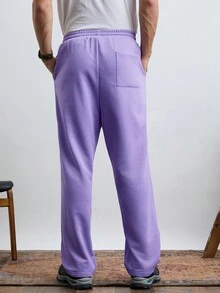 Manfinity RebelGame 男裝時尚針織休閒寬鬆彈性腰筒直筒褲，純色 - 淡紫色 - 查看 2