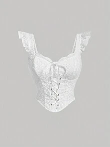 SHEIN MOD 女士复古荷叶边前系带上衣 - 白色 - 查看 1