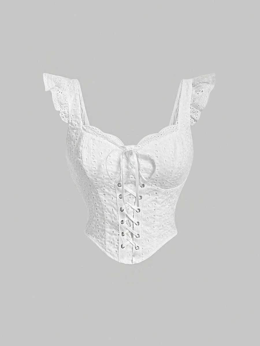 SHEIN MOD 女士复古荷叶边前系带上衣 - 白色 - 查看 1