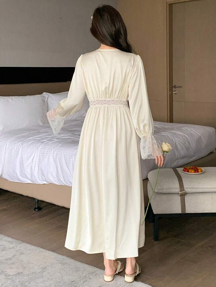 Satin Patchwork Sheer Lace Waist-Cinching Romantic Nightgown Pajama