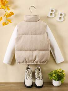 SHEIN Gilet matelassé sans manches à col montant en couleur unie tricoté, avec appliqué de lettre, pour jeune fille - Kaki - Voir 3