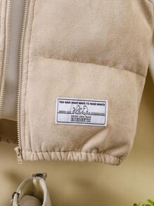 SHEIN Gilet matelassé sans manches à col montant en couleur unie tricoté, avec appliqué de lettre, pour jeune fille - Kaki - Voir 4